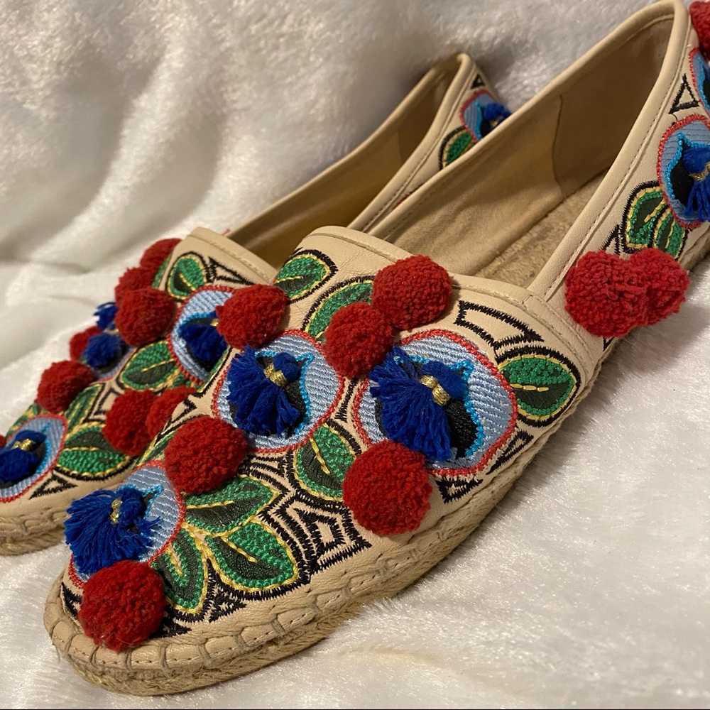 Tory Burch Ellis Embroidered Leather Pom Tassel
